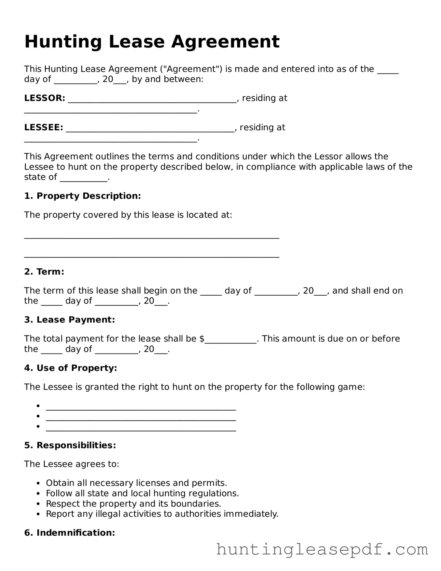 Fillable Hunting Lease Agreement Template